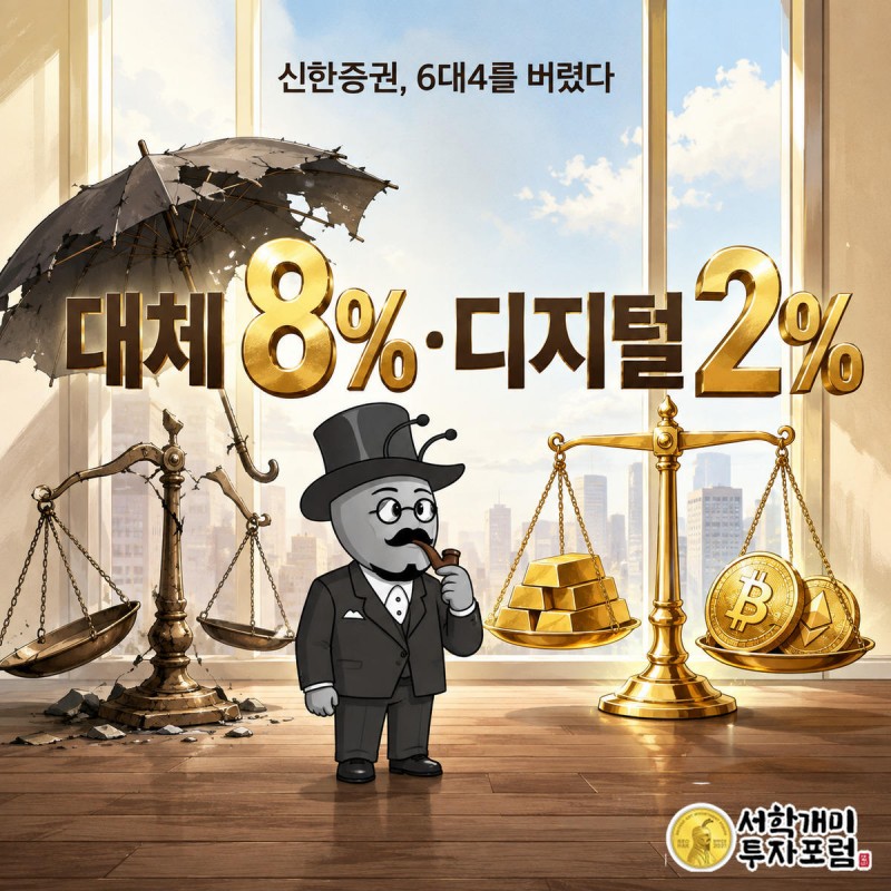 신한투자증권이 기존 주식·채권 6대4 배분 대신 대체자산 8%와 디지털자산 2%를 새로 제안하는 모습을 저울 두 개로 대비해 보여주는 그림