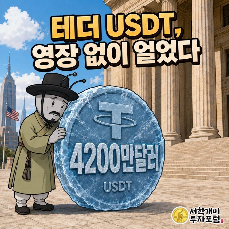 얼음 속에 갇힌 거대한 USDT 코인을 부자개미가 낭패한 표정으로 붙잡고 있는 커버 이미지