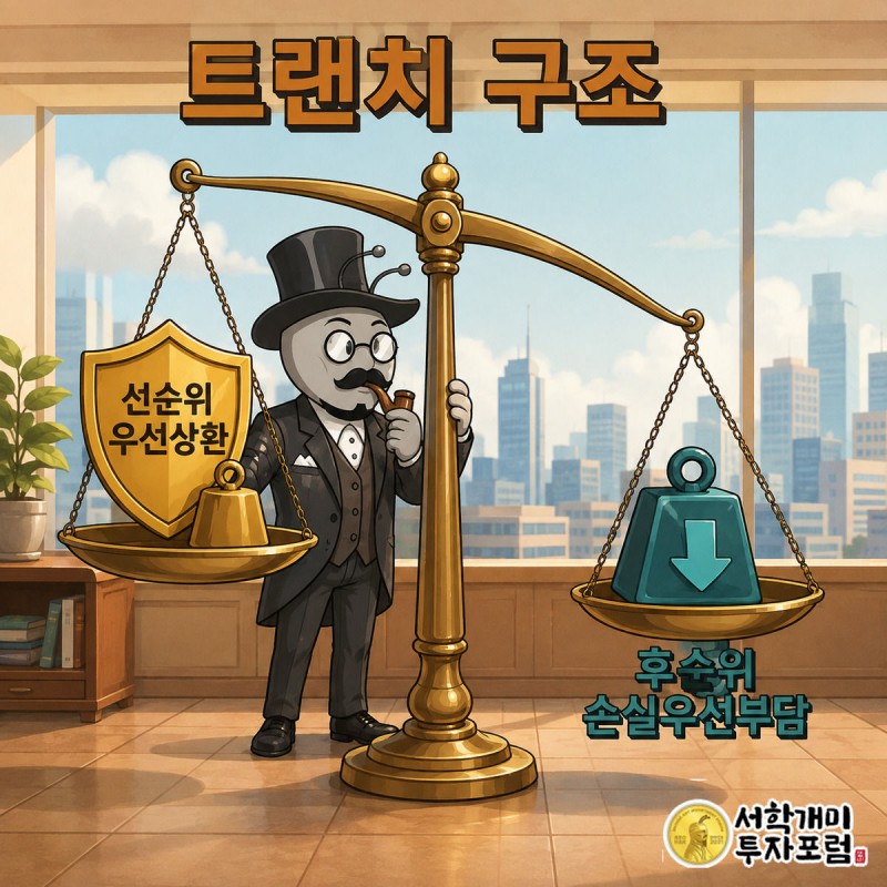양반개미가 선순위와 후순위 트랜치를 저울로 견주며 신중한 표정을 짓는 그림