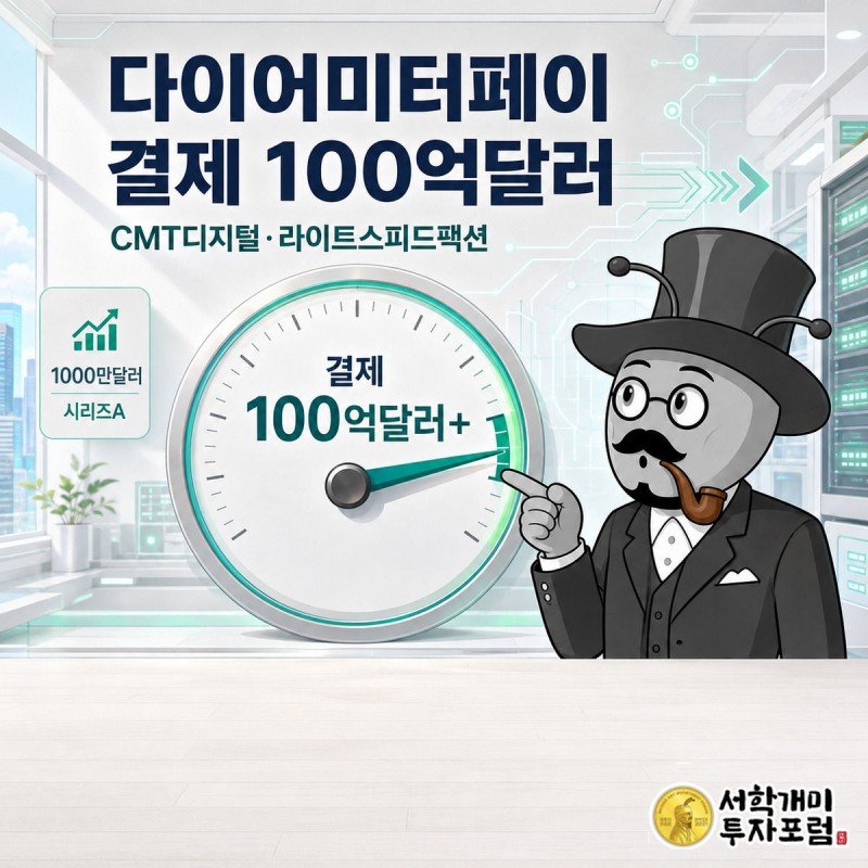 부자개미가 거대한 결제량 게이지를 가리키며 놀라는 모습, 옆에 1000만달러 시리즈A 투자 배지가 떠 있다.