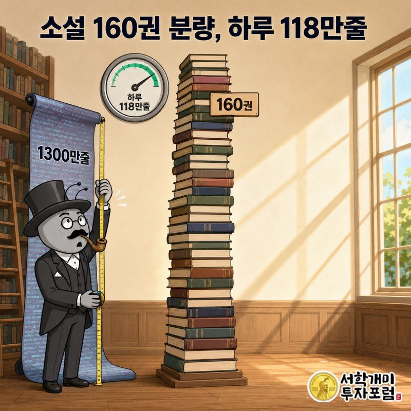 펼쳐진 코드 두루마리 옆에 소설책 160권이 쌓인 탑이 나란히 서 있고 개미가 그 높이를 재는 장면.