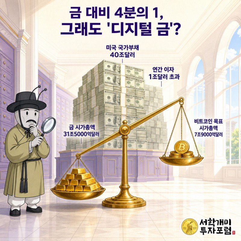 부자개미 캐릭터가 저울 위 금괴 더미와 작은 비트코인 동전 더미를 돋보기로 비교하며 의심스러운 표정을 짓는 정보 일러스트