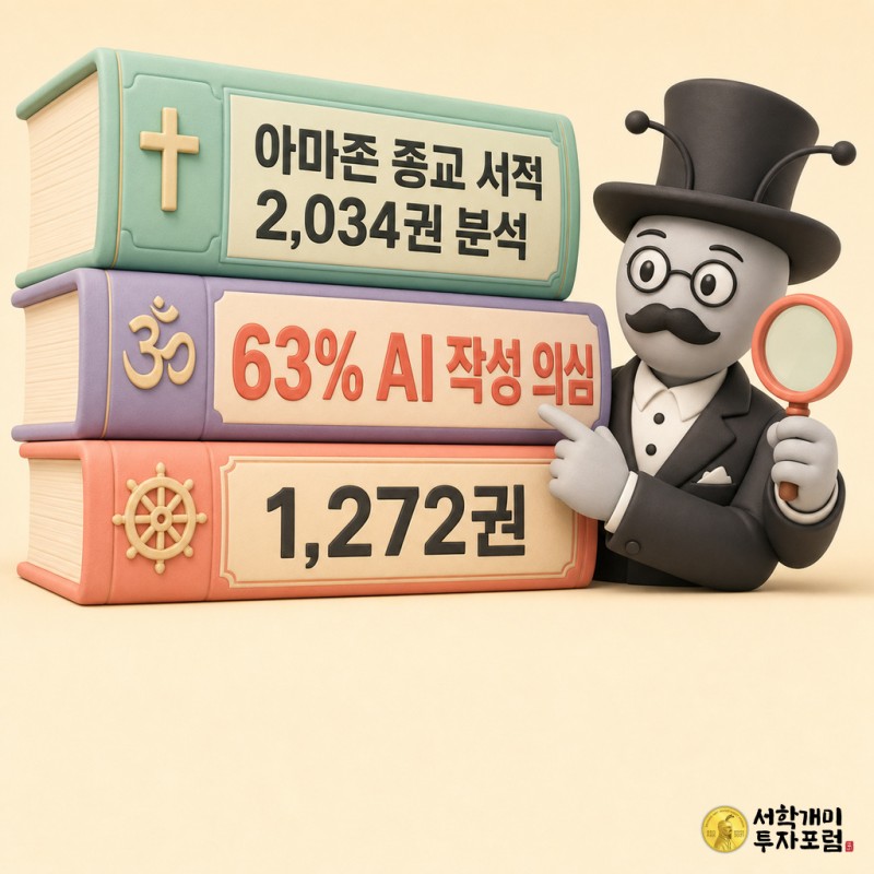 크림색 배경에 종교 서적을 쌓은 책탑 위에 코랄색 63% 도장이 찍혀 있고, 개미 피규어가 돋보기로 책을 살펴보는 소프트 클레이 3D 커버 이미지.