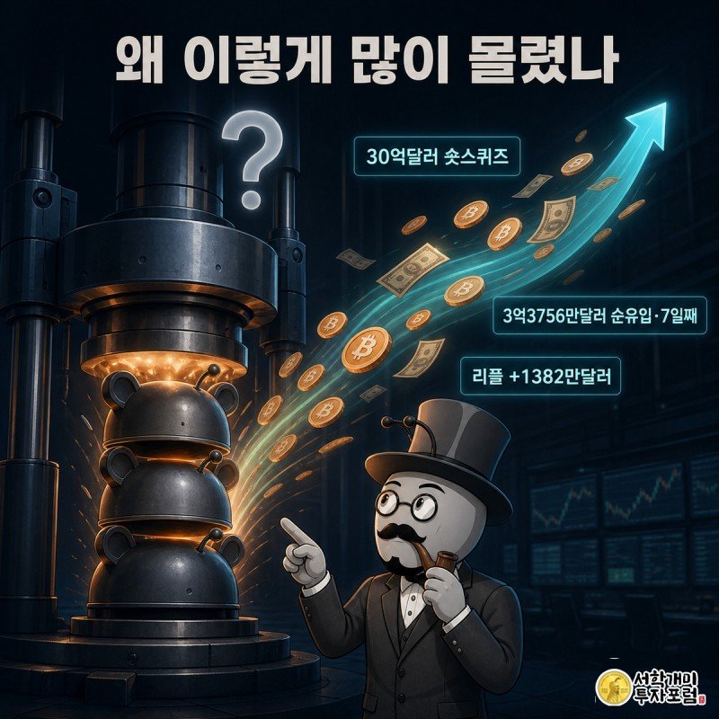 유압 압착기에 짓눌린 곰 복장 개미들이 코인을 강제로 토해내 상승 차트를 밀어올리고, 그 위로 물음표가 떠 있는 일러스트