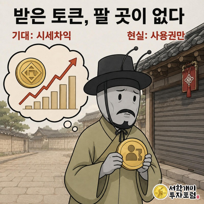 시세차익을 기대하던 개미가 셔터 내려간 거래소 앞에서 사용권 딱지 붙은 토큰을 들고 실망하는 대비 장면