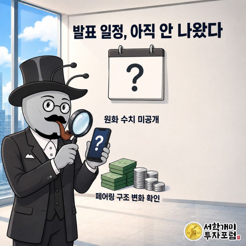 서민개미가 돋보기와 스마트폰을 들고 물음표만 떠 있는 빈 달력을 올려다보는 모습