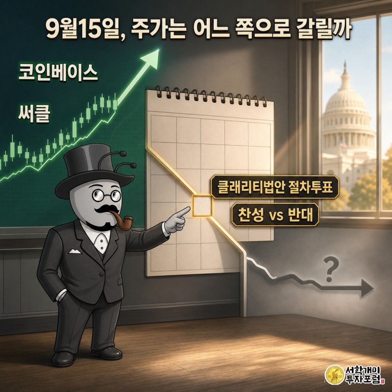 달력의 9월15일을 가리키며 코인베이스와 써클 주가 갈림길을 복합적인 표정으로 바라보는 개미