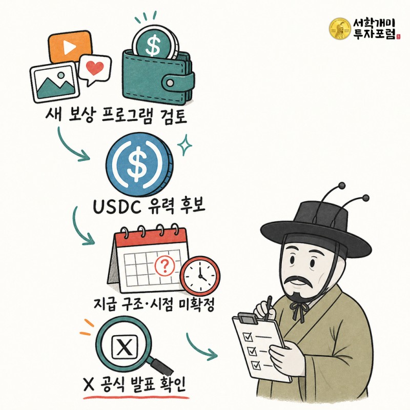 X의 새 보상 프로그램과 USDC 후보 및 지급 구조 미확정 상태를 정리한 설명 이미지
