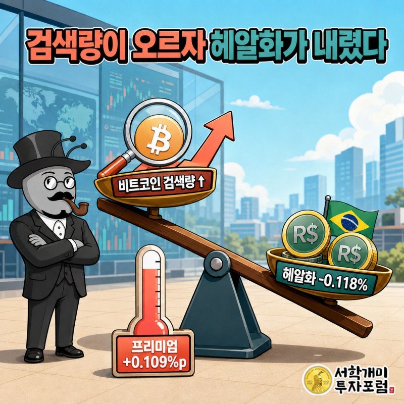 시소 한쪽에 비트코인 검색량이 오르자 반대쪽 헤알화 동전이 내려가고 프리미엄 막대가 차오르는 모습, 서민개미가 팔짱 끼고 지켜본다