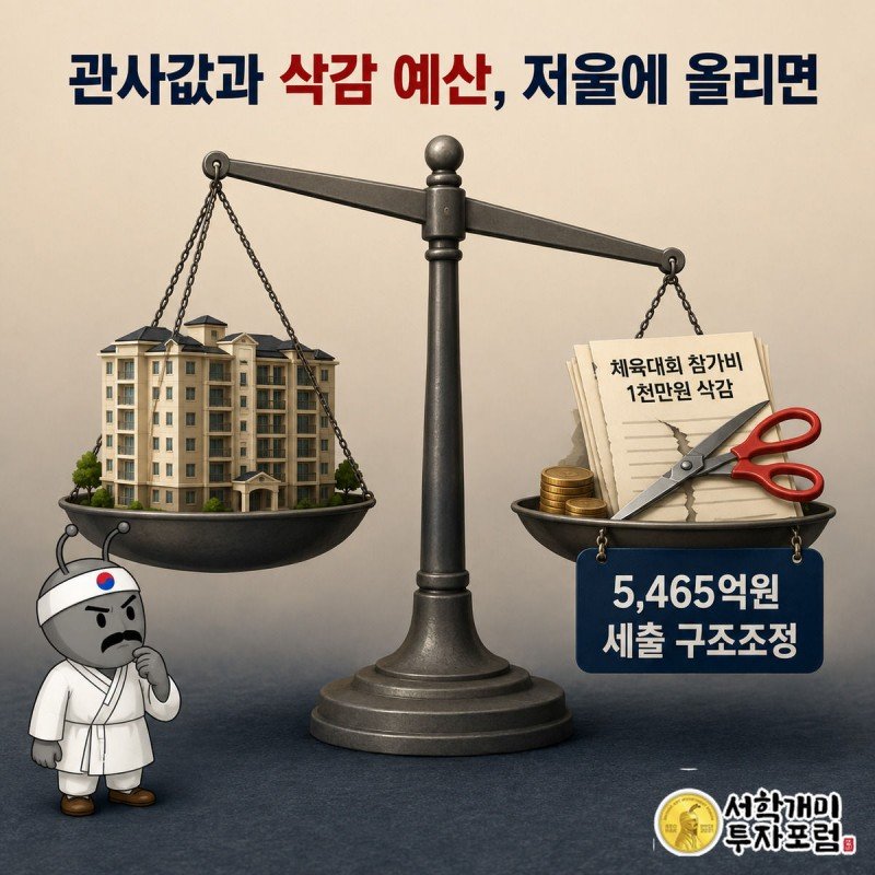저울 한쪽엔 12억 아파트 모형, 다른 쪽엔 삭감된 예산 서류가 놓여 기울고 서민개미가 이를 올려다보는 그림