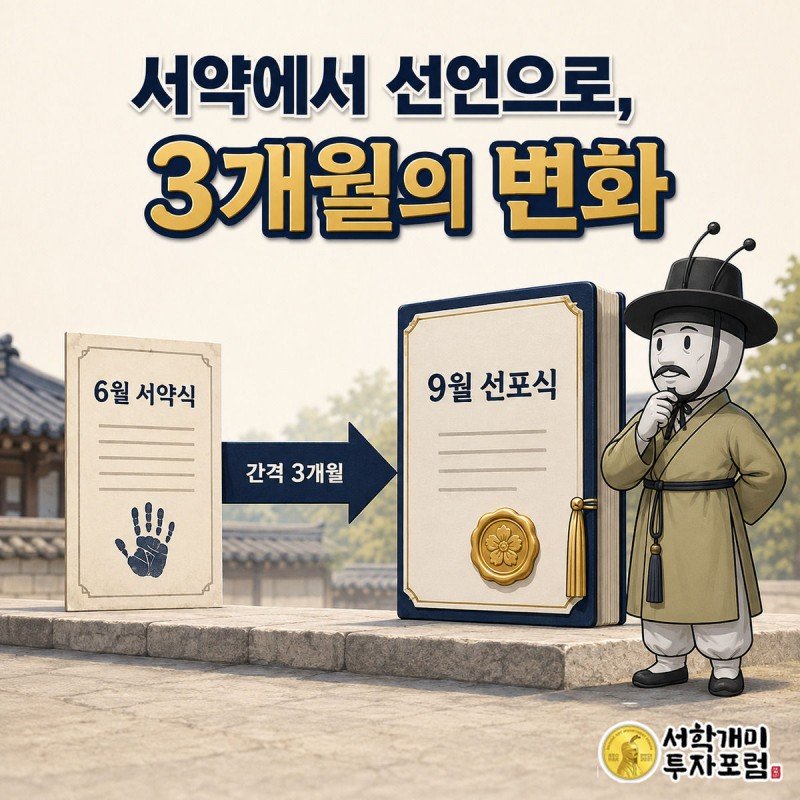 얇은 6월 서약서에서 두꺼운 9월 선언문으로 이어지는 화살표와 개미 캐릭터가 있는 타임라인 장면