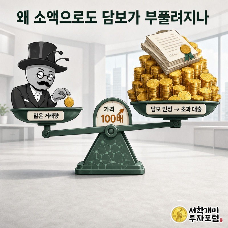 작은 매수 무게가 저울 반대편의 거대한 대출 담보를 들어올리는 은유 장면