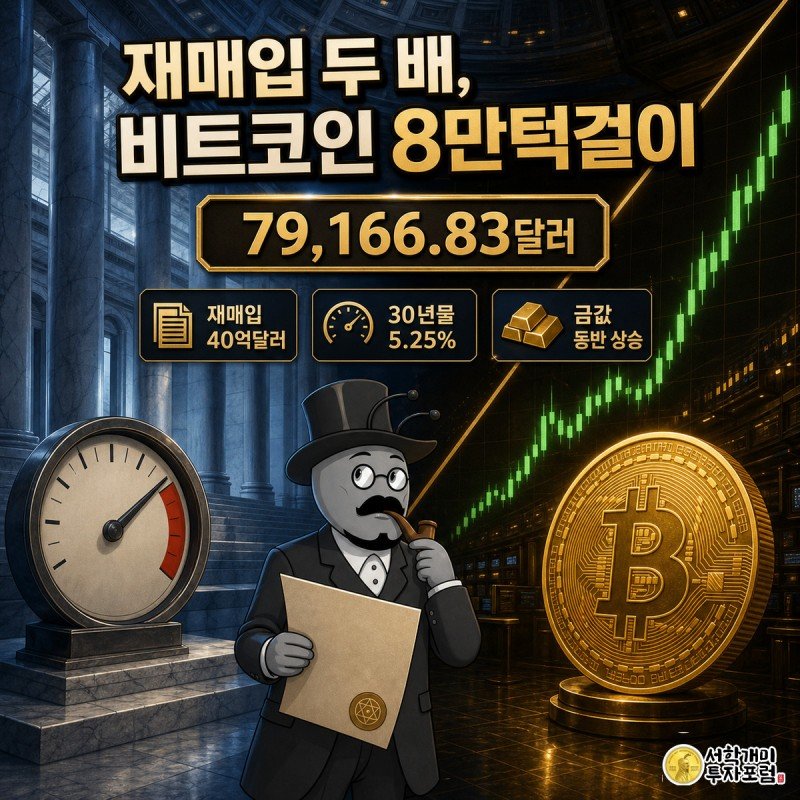 재무부 대리석 로비에서 낭패한 표정으로 고금리 게이지를 보는 개미 직원과, 골드빛 거래소에서 치솟는 비트코인 화면을 보고 놀라는 개미 트레이더가 화면을 좌우로 나눠 보여주는 장면