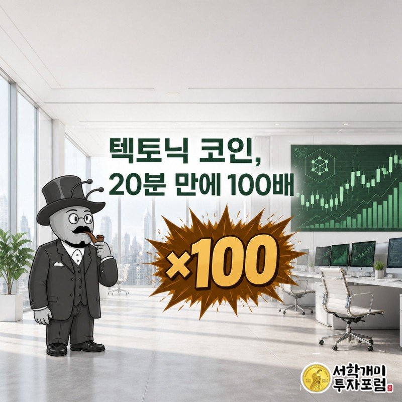 밝은 트레이딩 오피스에서 부자개미가 화면 속 거대한 ×100 스탬프를 보고 경악하는 모습