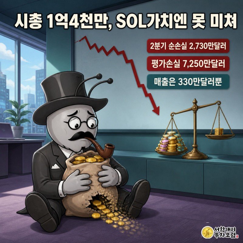 개미가 구멍 난 SOL 동전 자루를 안고 붉게 하락하는 주가 그래프 앞에 주저앉아 낙담한 표정을 짓는 이미지
