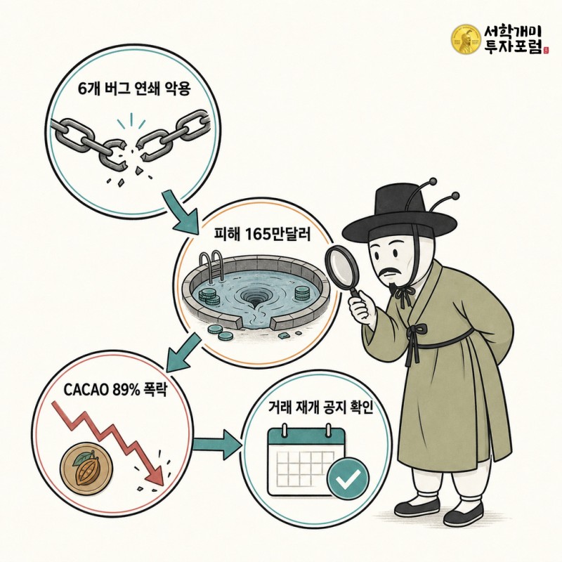 마야 프로토콜의 6개 버그 연쇄 악용과 165만달러 피해 및 CACAO 89% 폭락을 정리한 설명 이미지