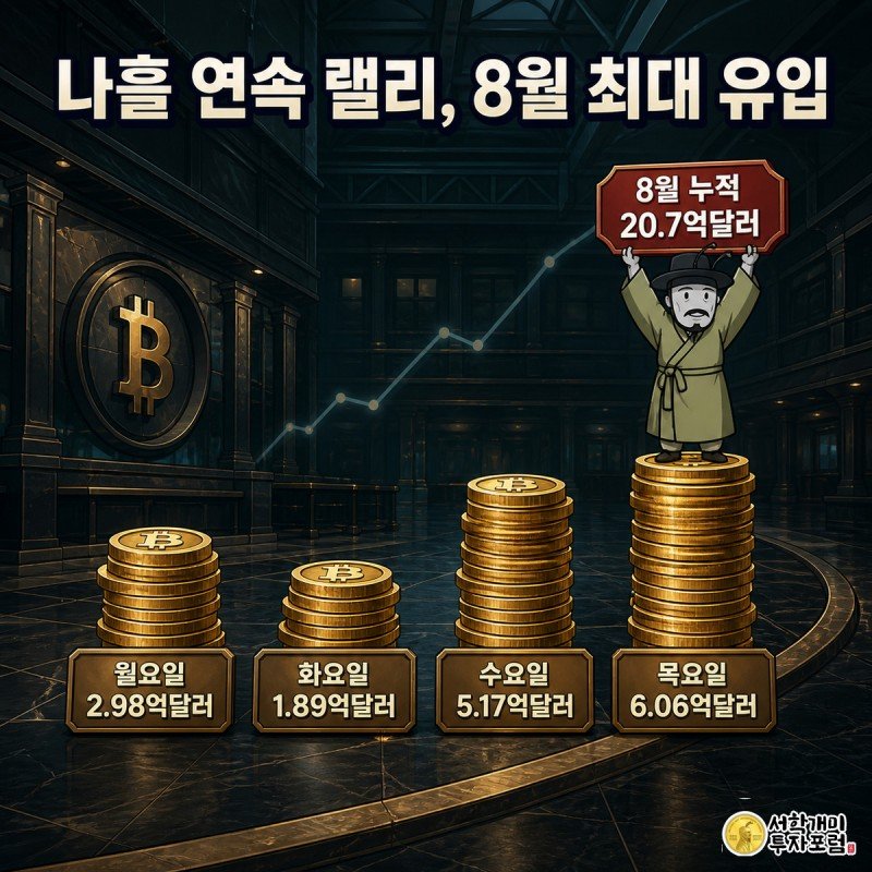 개미가 월요일부터 목요일까지 점점 높아지는 동전 계단을 올라 가장 높은 목요일 더미 위에서 8월 누적 유입 배지를 들어 보이는 장면