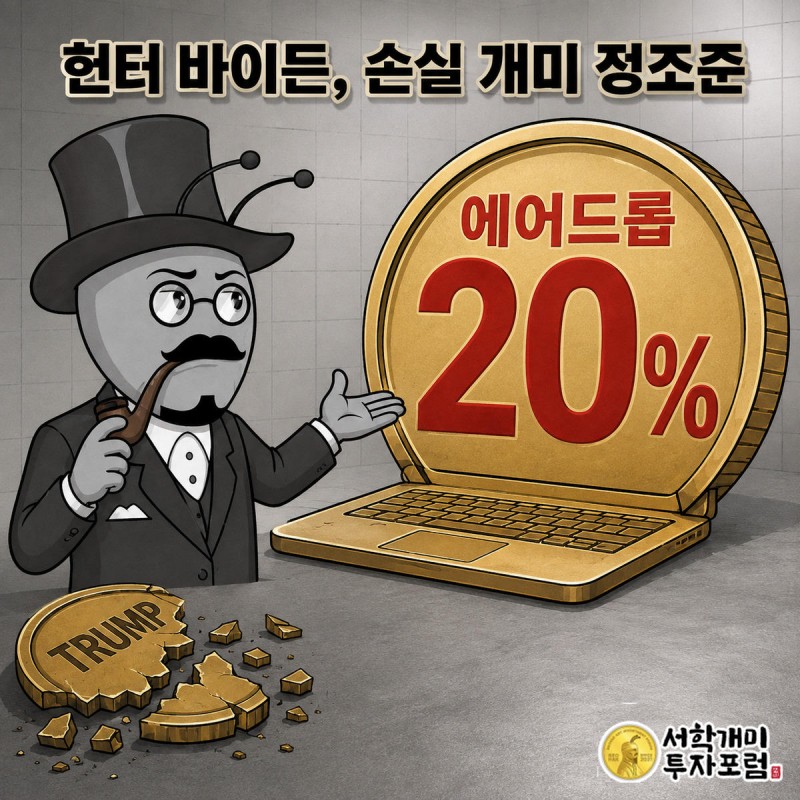 무너진 트럼프 코인 조각 위에서 금빛 랩탑 코인을 의심스럽게 바라보는 서민개미