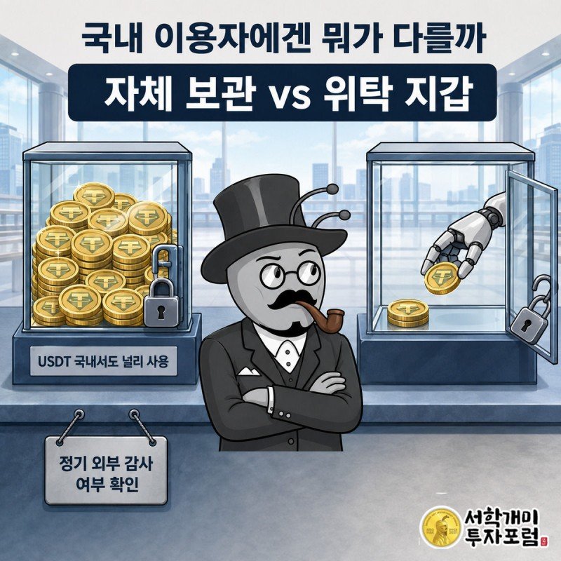 자체 보관 금고와 위탁 지갑 진열장을 번갈아 살피며 의심하는 서민개미
