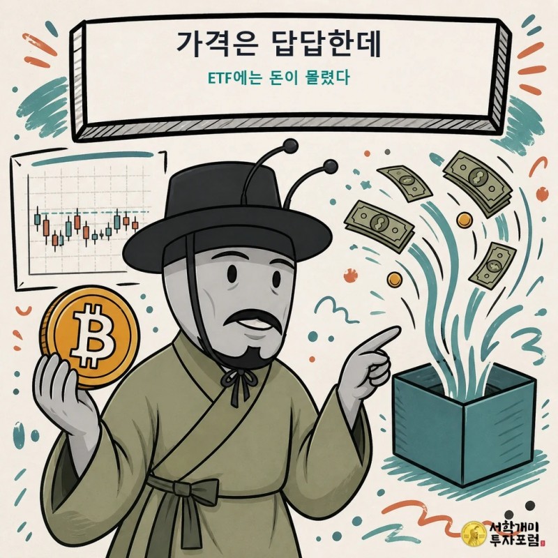 비트코인 가격과 ETF 자금 유입을 비교하는 양반개미