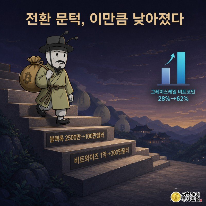 개미가 낮아지는 계단을 내려가며 블랙록과 비트와이즈의 최소 전환 금액 팻말을 지나치고, 구석에는 그레이스케일 비중이 오르는 막대그래프가 있는 그림
