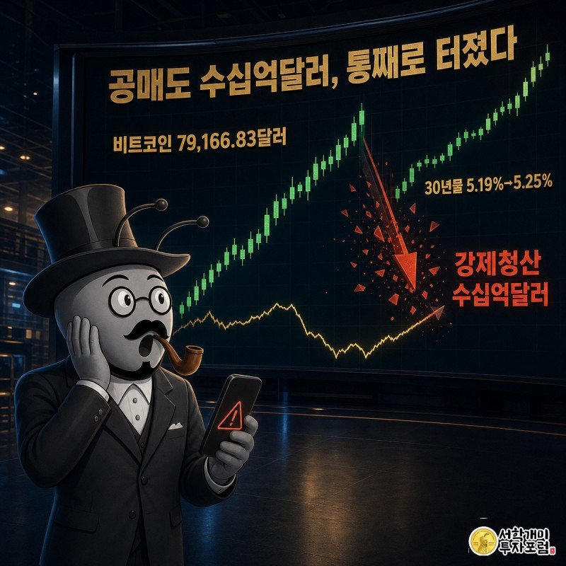 치솟는 비트코인 캔들차트 앞에서 산산조각 난 숏 포지션 판을 보고 경악하는 개미 트레이더의 모습