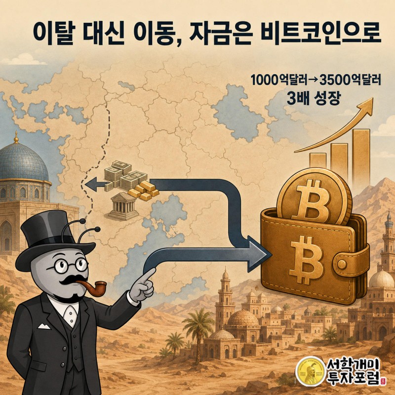 국경 밖으로 향하던 자본 도피 화살표가 방향을 틀어 비트코인 지갑 아이콘으로 빨려 들어가는 인포그래픽