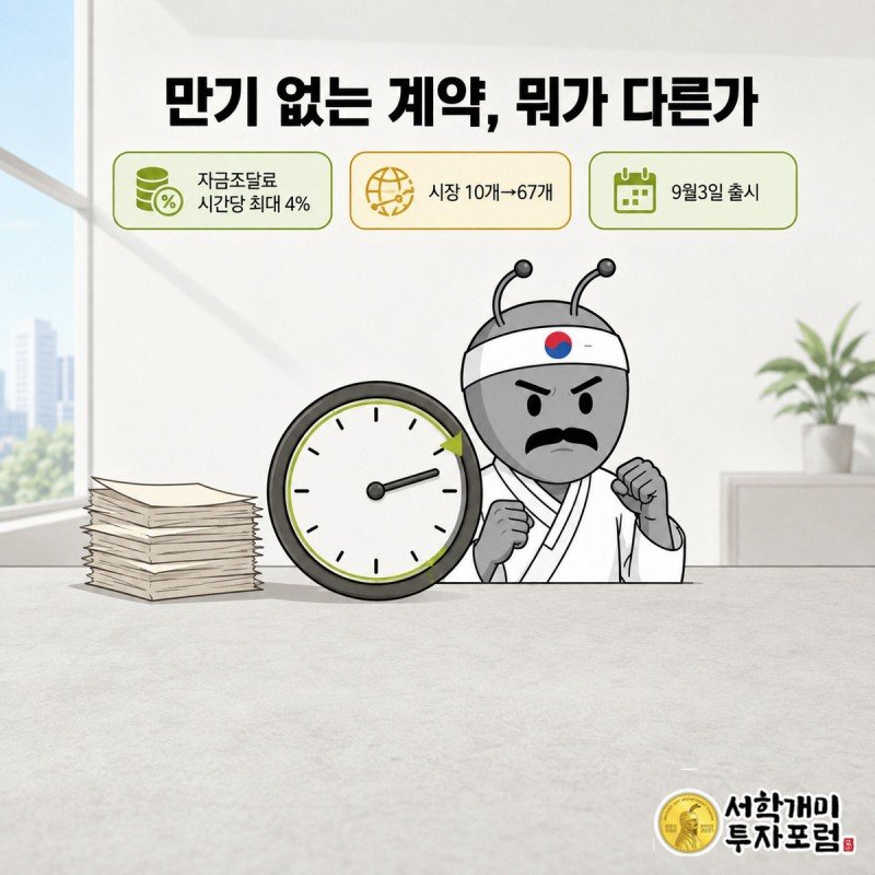 서민개미가 낡은 정산 계약서 더미 옆에서 만기 없이 자금조달료가 도는 새 계약 시계를 신기하게 바라보는 그림