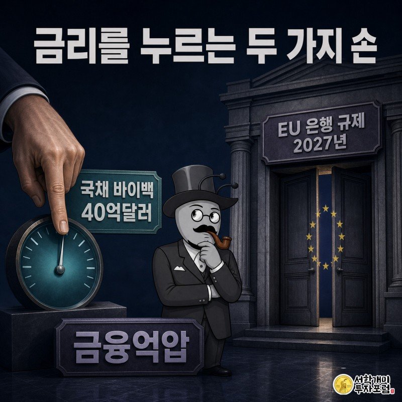 재무부 손이 국채 금리 게이지를 누르고 있고, 배경에서는 2027년 팻말이 걸린 EU 은행 문이 닫히는 모습을 개미가 의심스러운 표정으로 지켜보는 장면.