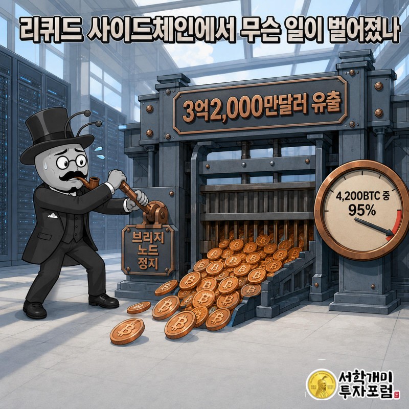 리퀴드 브리지 게이트에서 비트코인이 쏟아져 나가고 서민개미가 레버를 당겨 막으려 하는 모습, 계기판이 95%를 가리킨다