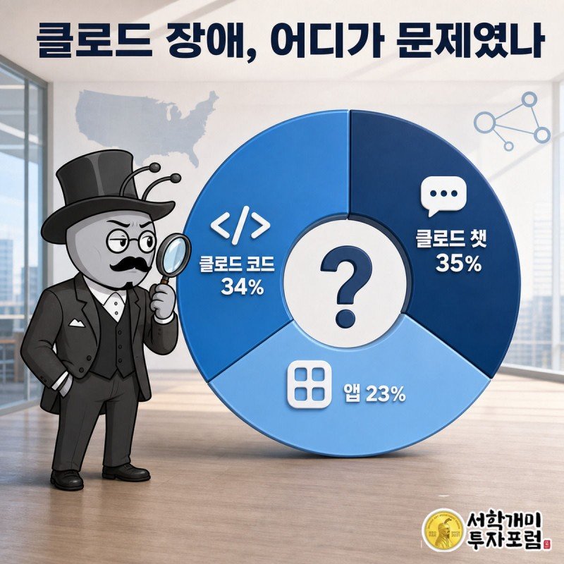 클로드 장애 유형별 비중을 나타낸 도넛 차트를 서민개미가 돋보기로 살펴보는 모습, 차트 중앙에 물음표가 있다
