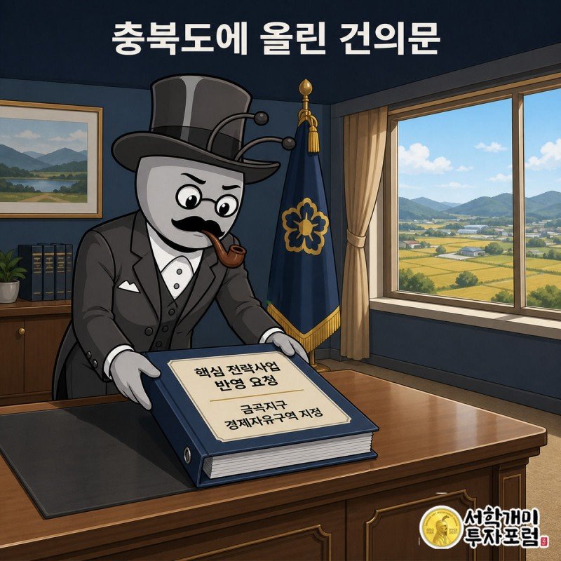 양반개미 캐릭터가 충북도청 명패가 놓인 책상 위에 경제자유구역 지정 건의서를 두 손으로 올려놓으며 진지한 표정으로 인사하고 있다.