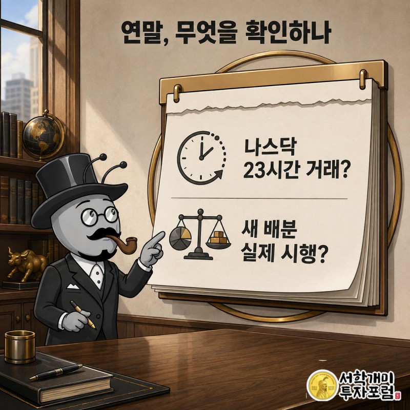 올해 말로 예고된 나스닥 23시간 거래 시행 여부와 신한투자증권의 새 자산배분 실행 여부를 달력으로 확인하자는 그림