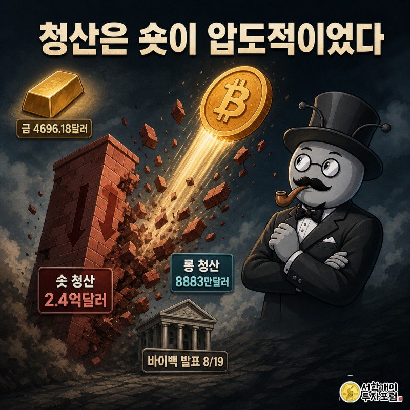 빨간 숏 포지션 탑이 무너지는 가운데 비트코인이 로켓처럼 치솟고 개미가 득의양양한 표정으로 지켜보며 옆에는 금값 상승을 나타내는 빛나는 금괴가 놓인 그림