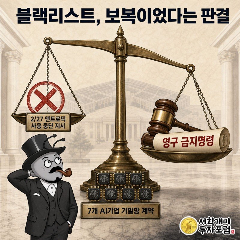 공급망 위험 도장과 법원의 영구 금지명령 판결문을 저울 양쪽에 올려 무게가 뒤집히는 모습을 그린 이미지