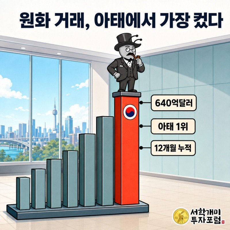 아시아태평양 각국 막대그래프 중 태극 문양이 새겨진 한국 막대가 가장 높이 솟아 640억달러를 가리키고 서민개미가 그 위에 올라선 모습