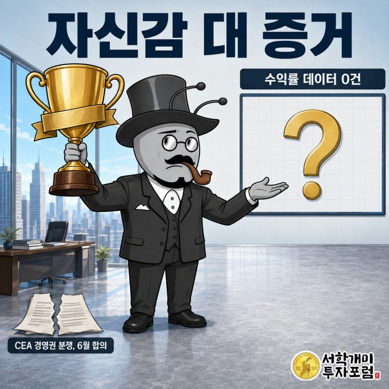 트로피를 든 자신감과 물음표뿐인 빈 그래프를 저울질하며 곤란해하는 개미와 그 아래 놓인 CEA 분쟁 서류 그림