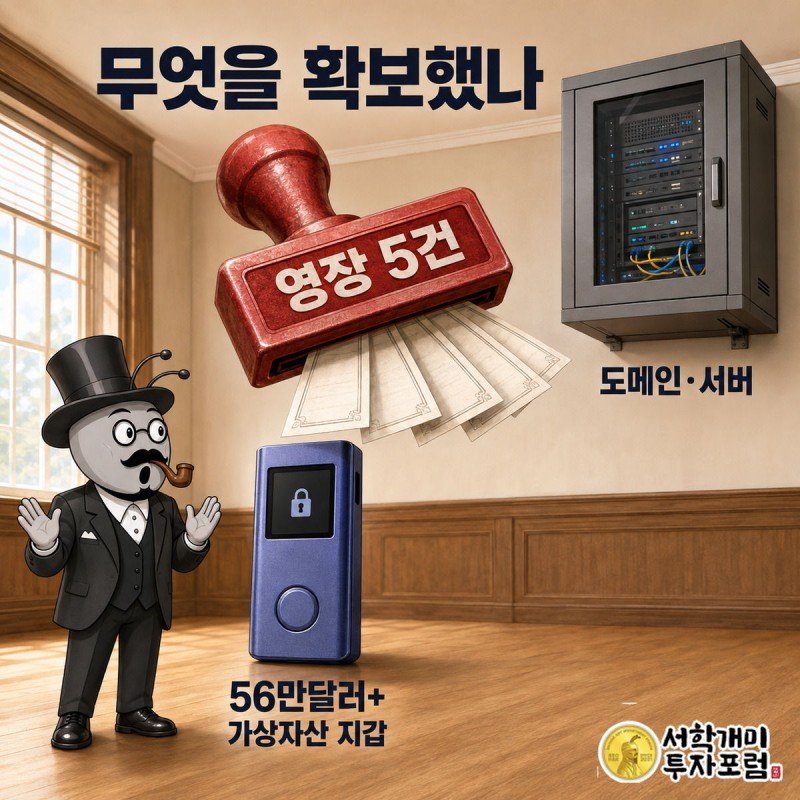 거대한 진홍색 압류 도장이 크립토 지갑과 서버 타워를 동시에 내려찍고 부자개미가 놀라는 인포그래픽