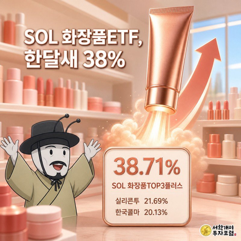 로켓처럼 솟구치는 화장품 용기를 놀란 표정의 개미가 올려다보며 SOL 화장품ETF의 한 달 수익률 38.71%를 보여주는 커버 이미지