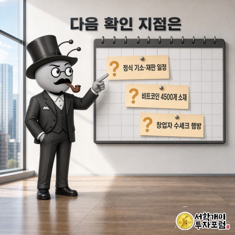 물음표가 붙은 달력 카드를 가리키며 의심스러운 표정을 짓는 부자개미