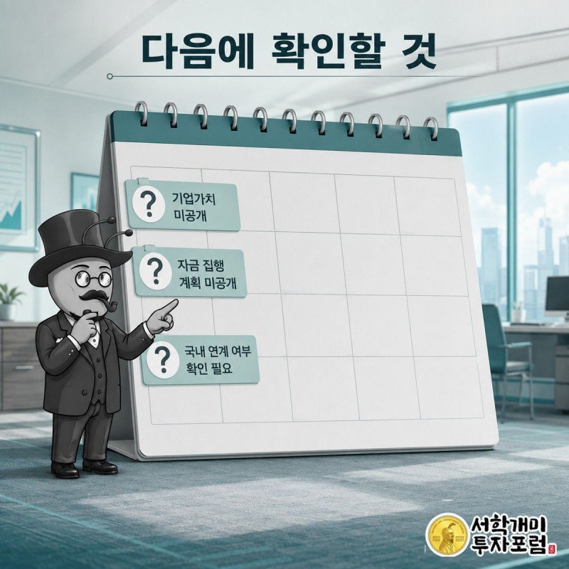 양반개미가 빈 달력 앞에서 기업가치·자금 집행 계획·국내 연계 여부 등 물음표 붙은 확인 항목을 짚는 모습.