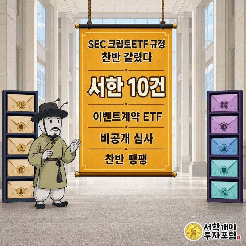 SEC 신종 ETP 규정을 놓고 기존 유지파와 새 규정파 봉투 더미 사이에 선 부자개미가 의심스러운 표정으로 양쪽을 살피는 그림