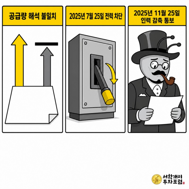 계약 해석 대립, 전력 차단(2025년 7월 25일), 인력 감축 통보(2025년 11월 25일)를 3컷으로 이어 보여주는 팝아트 코믹 패널