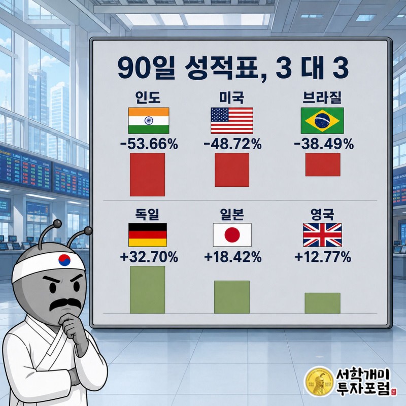 90일 기준 인도·미국·브라질은 감소, 독일·일본·영국은 증가로 갈린 6개국 성적판