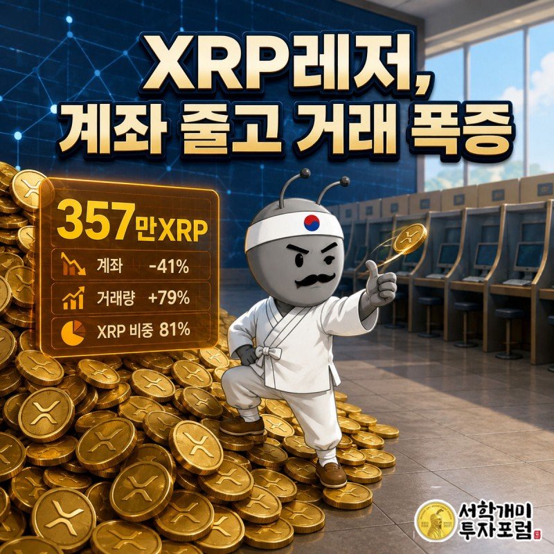 금빛 XRP 코인더미 위에 올라선 부자개미가 득의만만한 표정으로 코인을 튕기고, 뒤로 불 꺼진 계좌 창구들이 늘어선 커버 이미지