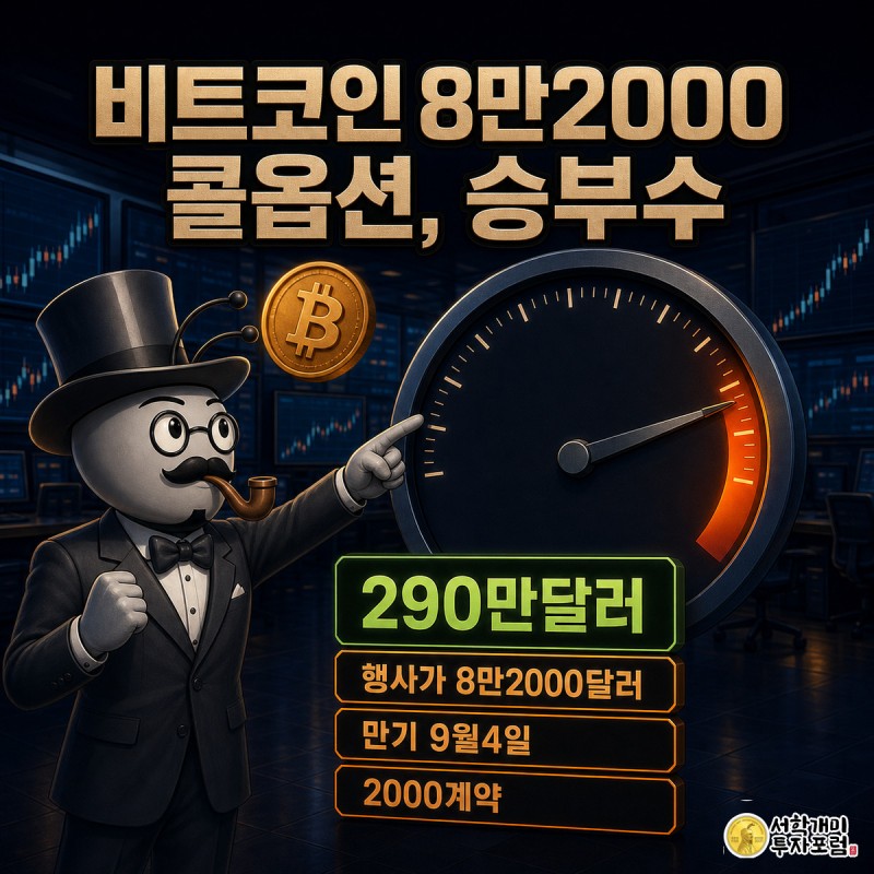 짙은 네이비 트레이딩룸에서 개미가 8만2000달러 임계선을 가리키는 대형 게이지 옆에 서서 긴장과 기대가 섞인 표정을 짓고 있고, 상단에는 비트코인 콜옵션 제목 문구가, 중앙에는 290만달러 수치 위젯이 떠 있다