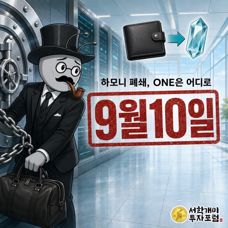 하모니 블록체인 폐쇄 소식에 개미가 쇠사슬 금고와 이더리움으로 흐르는 지갑 사이에서 9월10일 마감 스탬프를 보며 놀라는 그림