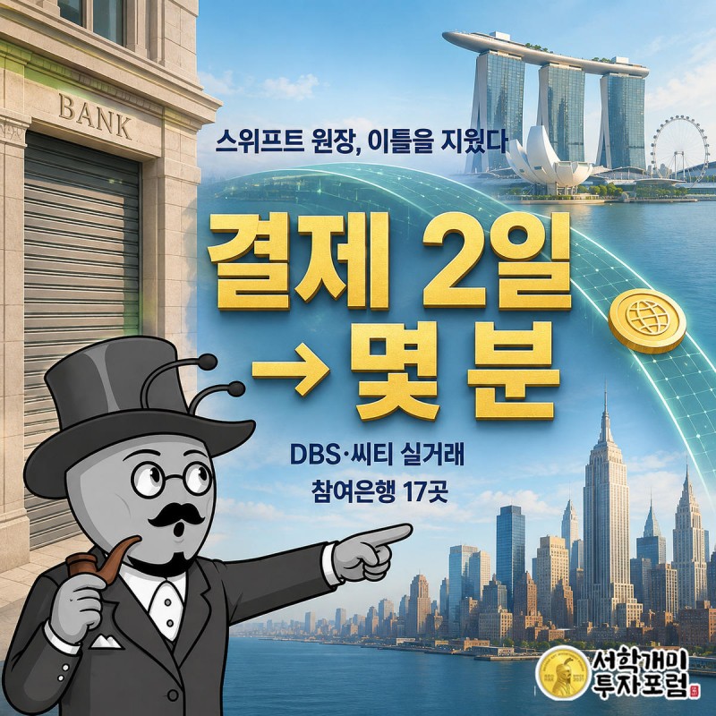 스위프트 디지털 원장으로 싱가포르와 뉴욕을 잇는 주말 송금이 몇 분 만에 끝나는 장면을 부자개미가 놀란 표정으로 가리키는 그림