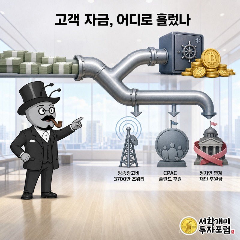 돈이 흐르는 관이 비트코인 지갑과 방송탑·정치 배지로 갈라지는 것을 가리키는 부자개미