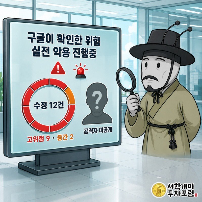 부자개미가 돋보기로 구글 보안 공지 화면을 살피며 고위험 9건 중간위험 2건 배지를 확인하는 모습